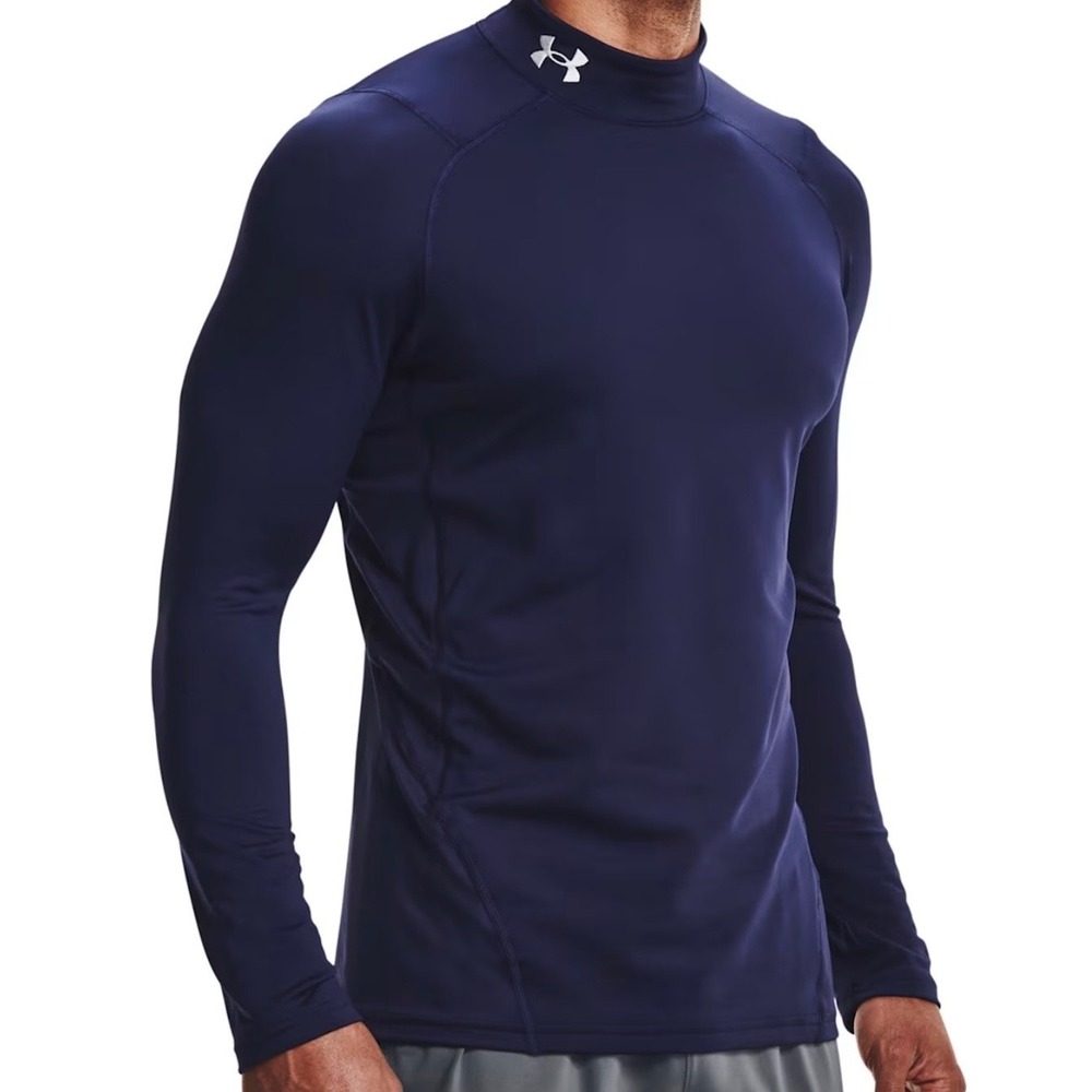 Under Armour ColdGear Mock Neck Fitted Long Sleeve Shirt Navy Blue Mens Medium